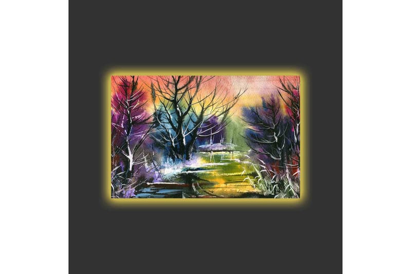 Lerretsbilde med LED-belysning - Mystisk landskap med silhuetter av trær i skumringen - Lilla / Grønn / Svart - Innredning - Bilder & kunst - Lerretsbilder