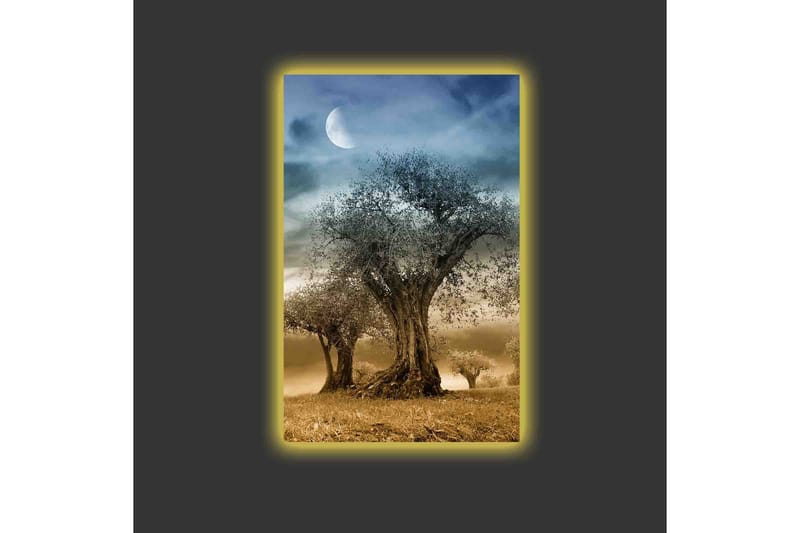 Lerretsbilde med LED-belysning - Mystisk landskap med silhuetter av trær under en måne - Grå / Brun / Svart - Innredning - Bilder & kunst - Lerretsbilder