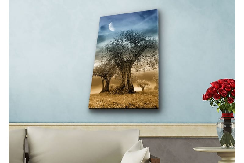 Lerretsbilde med LED-belysning - Mystisk landskap med silhuetter av trær under en måne - Grå / Brun / Svart - Innredning - Bilder & kunst - Lerretsbilder