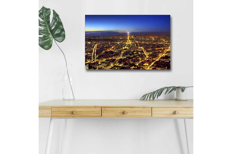 Lerretsbilde med LED-belysning - Nattbilde av Paris med Eiffeltårnet som hovedfokus, Mørk blå / Gyllen / Svart
