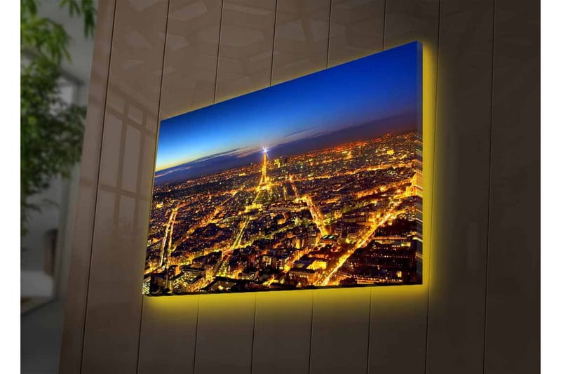 Lerretsbilde med LED-belysning - Nattbilde av Paris med Eiffeltårnet som hovedfokus - Mørk blå / Gyllen / Svart - Innredning - Bilder & kunst - Lerretsbilder