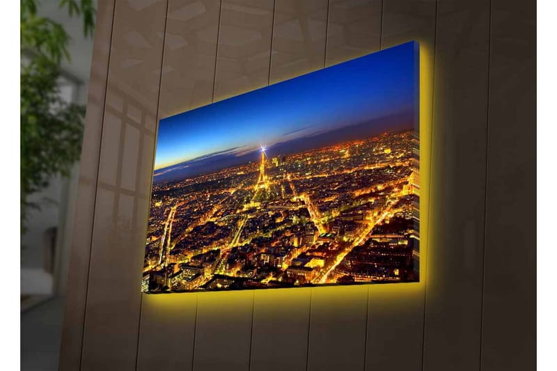 Lerretsbilde med LED-belysning - Nattbilde av Paris med Eiffeltårnet som hovedfokus - Mørk blå / Gyllen / Svart - Innredning - Bilder & kunst - Lerretsbilder