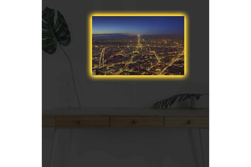 Lerretsbilde med LED-belysning - Nattbilde av Paris med Eiffeltårnet som hovedfokus - Mørk blå / Gyllen / Svart - Innredning - Bilder & kunst - Lerretsbilder