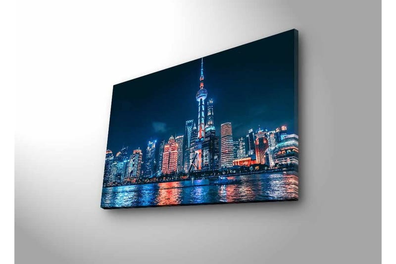 Lerretsbilde med LED-belysning - Nattlig bybilde av Shanghai med lyse skyskrapere og refleksjoner i vannet - Mørk blå / Oransje / Hvit - Innredning - Bilder & kunst - Lerretsbilder