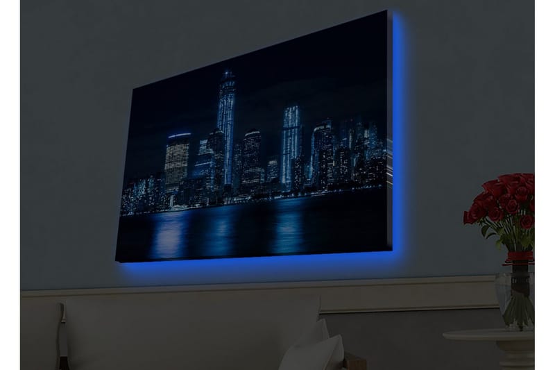 Lerretsbilde med LED-belysning - Nattlig bybilde med opplyste skyskrapere, Mørk blå / Svart / Lys blå