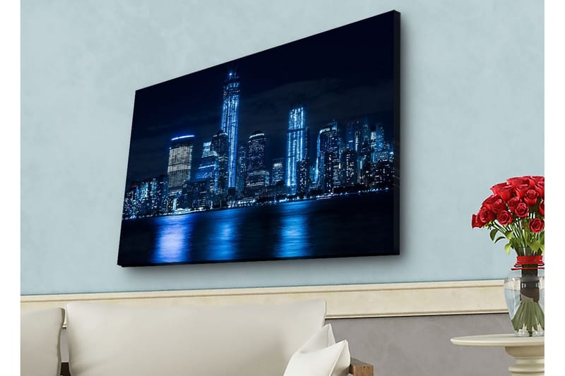 Lerretsbilde med LED-belysning - Nattlig bybilde med opplyste skyskrapere - Mørk blå / Svart / Lys blå - Innredning - Bilder & kunst - Lerretsbilder