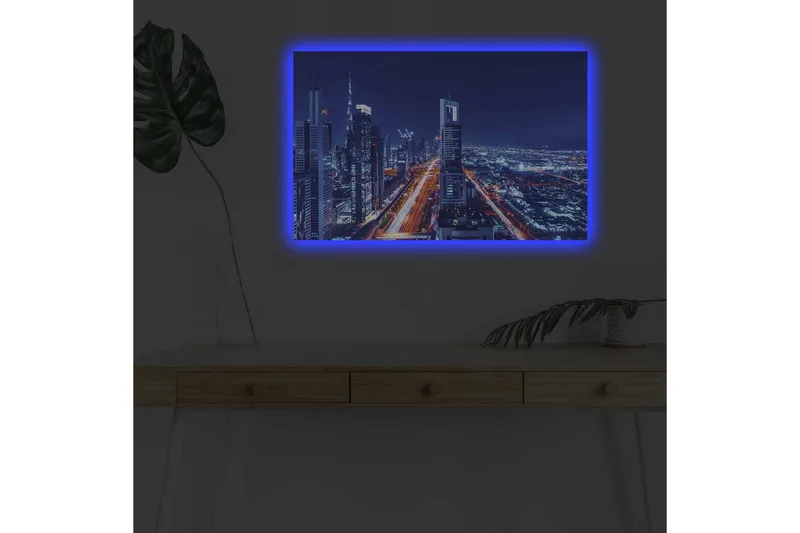 Lerretsbilde med LED-belysning - Nattlig bysilhuett med opplyste skyskrapere - Mørk blå / Lys oransje / Hvit - Innredning - Bilder & kunst - Lerretsbilder