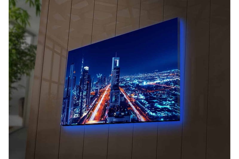 Lerretsbilde med LED-belysning - Nattlig bysilhuett med opplyste skyskrapere - Mørk blå / Lys oransje / Hvit - Innredning - Bilder & kunst - Lerretsbilder