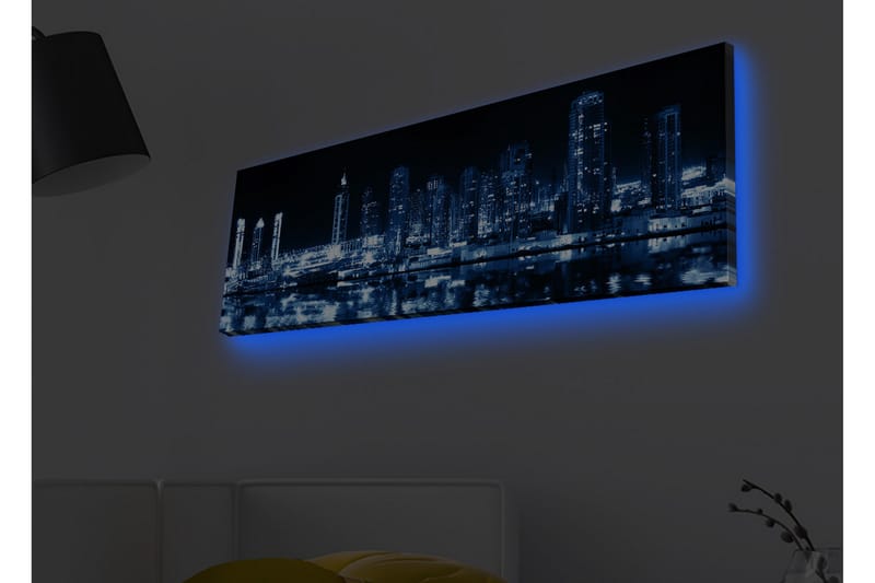 Lerretsbilde med LED-belysning - Nattlig bysilhuett med opplyste skyskrapere, Mørk blå / Svart / Hvit