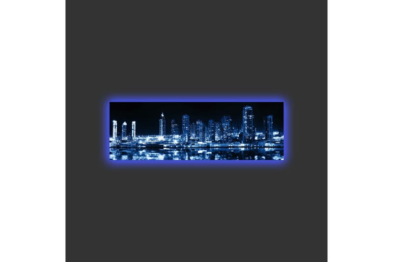 Lerretsbilde med LED-belysning - Nattlig bysilhuett med opplyste skyskrapere - Mørk blå / Svart / Hvit - Innredning - Bilder & kunst - Lerretsbilder