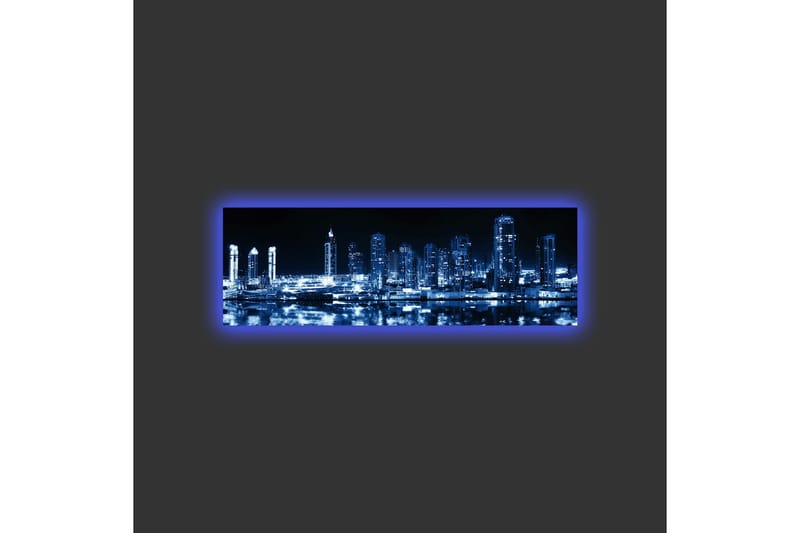 Lerretsbilde med LED-belysning - Nattlig bysilhuett med opplyste skyskrapere - Mørk blå / Svart / Hvit - Innredning - Bilder & kunst - Lerretsbilder