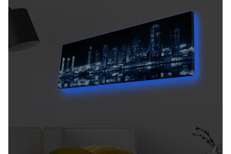 Lerretsbilde med LED-belysning - Nattlig bysilhuett med opplyste skyskrapere, Mørk blå / Svart / Hvit