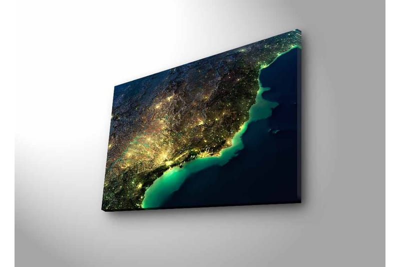 Lerretsbilde med LED-belysning - Nattutsikt over en by med lys og hav - Mørk blå / Grønn / Gul - Innredning - Bilder & kunst - Lerretsbilder