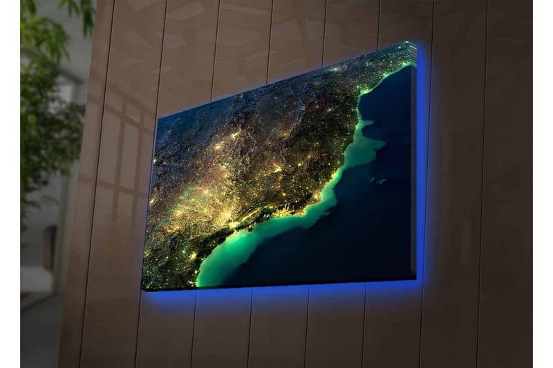 Lerretsbilde med LED-belysning - Nattutsikt over en by med lys og hav - Mørk blå / Grønn / Gul - Innredning - Bilder & kunst - Lerretsbilder