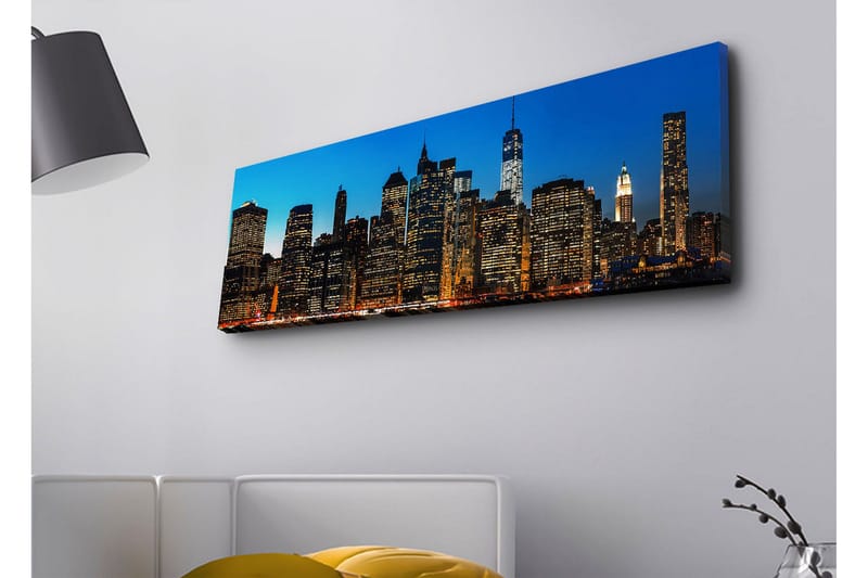 Lerretsbilde med LED-belysning - New York Citys skyline i skumringen, Blå / Svart / Gull