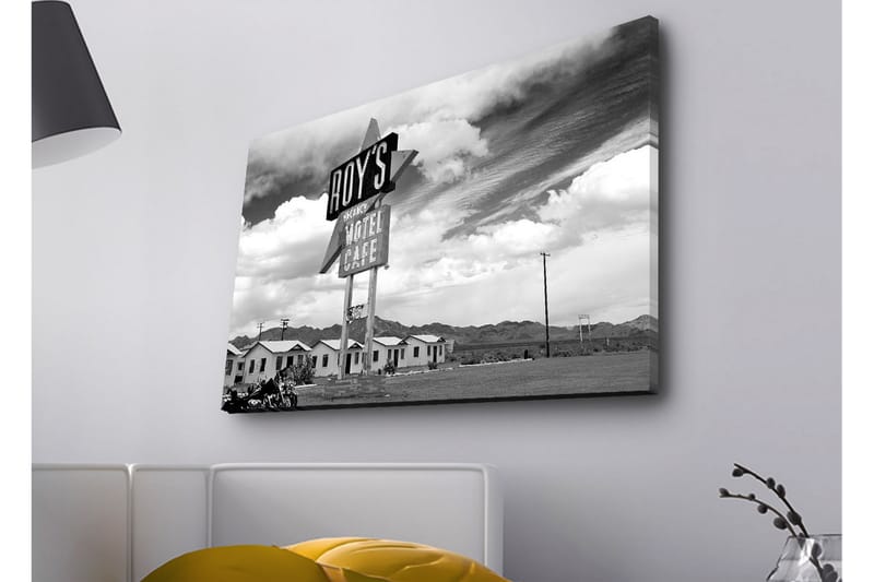 Lerretsbilde med LED-belysning - Nostalgisk skilt fra et motell i et ørkenlandskap - Svart / Hvit / Grå - Innredning - Bilder & kunst - Lerretsbilder