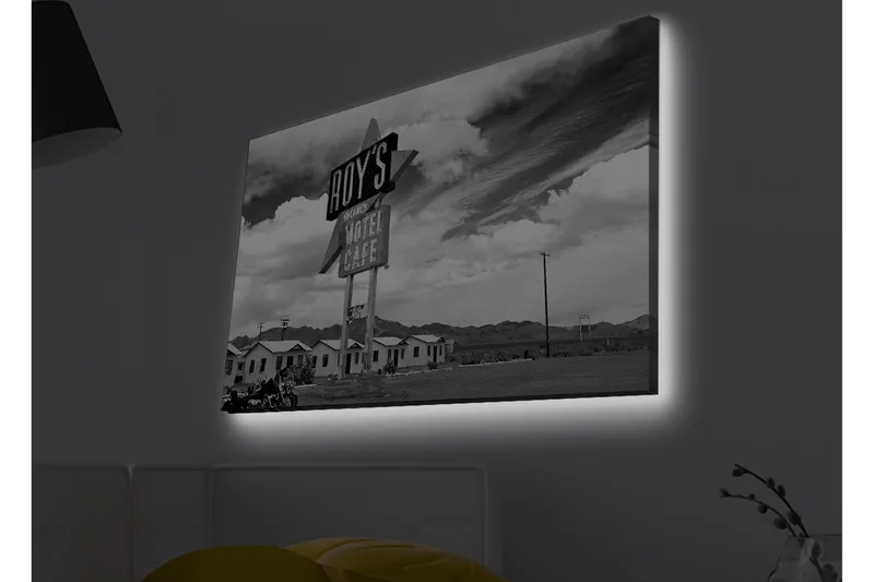 Lerretsbilde med LED-belysning - Nostalgisk skilt fra et motell i et ørkenlandskap, Svart / Hvit / Grå