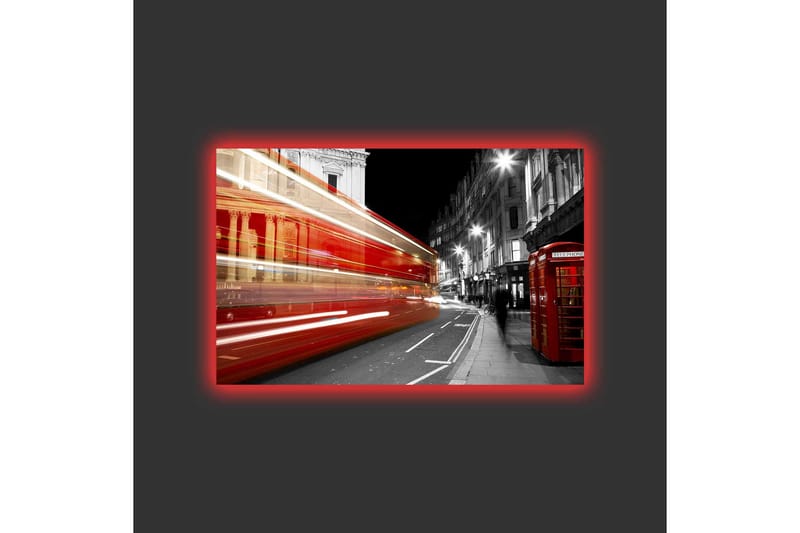 Lerretsbilde med LED-belysning - Rød buss i bevegelse på en svart-hvit bygate - Rød / Svart / Grå - Innredning - Bilder & kunst - Lerretsbilder