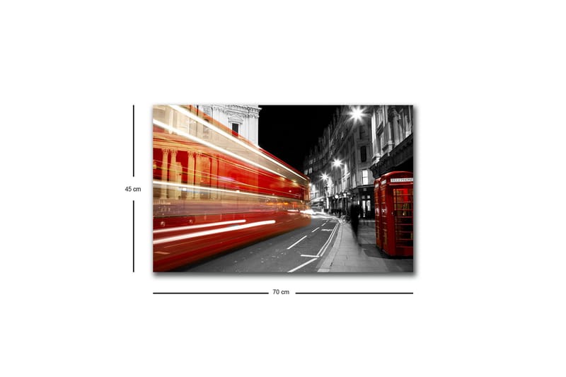 Lerretsbilde med LED-belysning - Rød buss i bevegelse på en svart-hvit bygate - Rød / Svart / Grå - Innredning - Bilder & kunst - Lerretsbilder