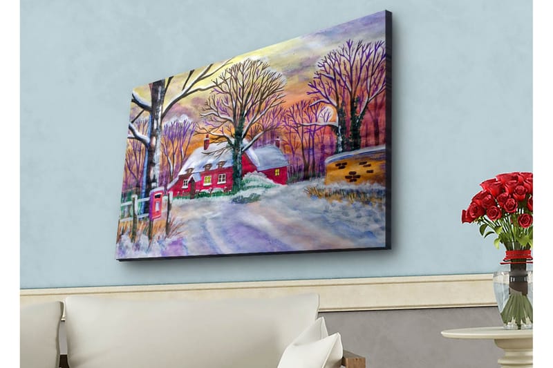 Lerretsbilde med LED-belysning - Rød hytte omgitt av snødekte trær og et vinterlandskap, Rød / Hvit / Lilla