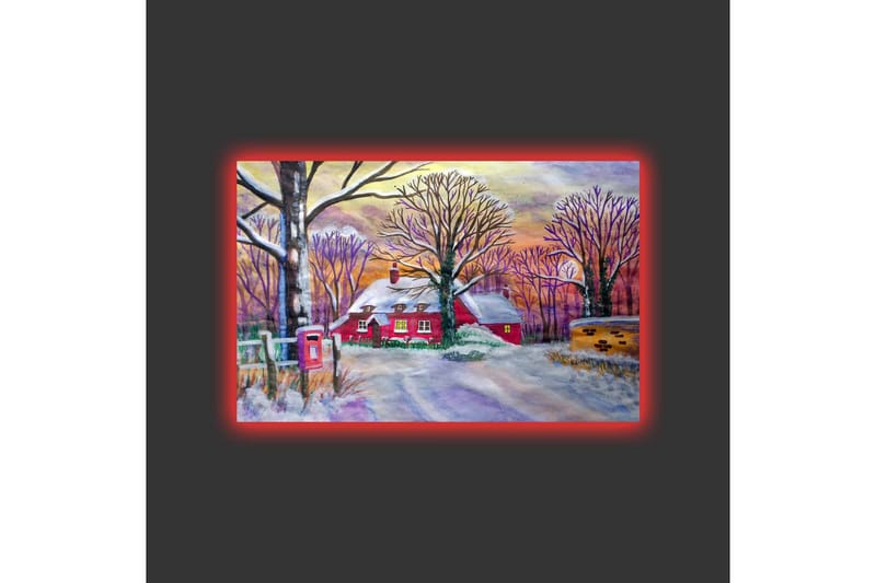 Lerretsbilde med LED-belysning - Rød hytte omgitt av snødekte trær og et vinterlandskap - Rød / Hvit / Lilla - Innredning - Bilder & kunst - Lerretsbilder