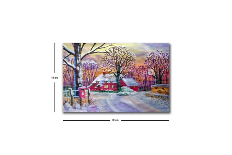Lerretsbilde med LED-belysning - Rød hytte omgitt av snødekte trær og et vinterlandskap - Rød / Hvit / Lilla - Innredning - Bilder & kunst - Lerretsbilder