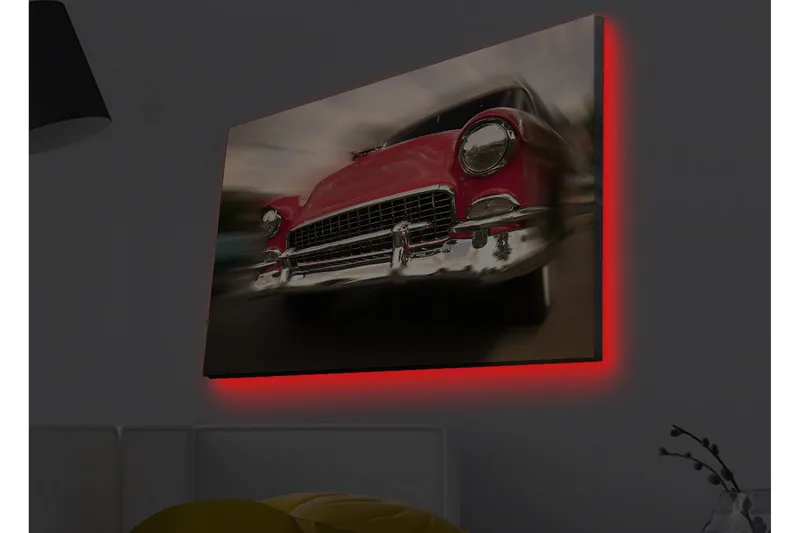 Lerretsbilde med LED-belysning - Rød klassisk bil i bevegelse, Rød / Sølv