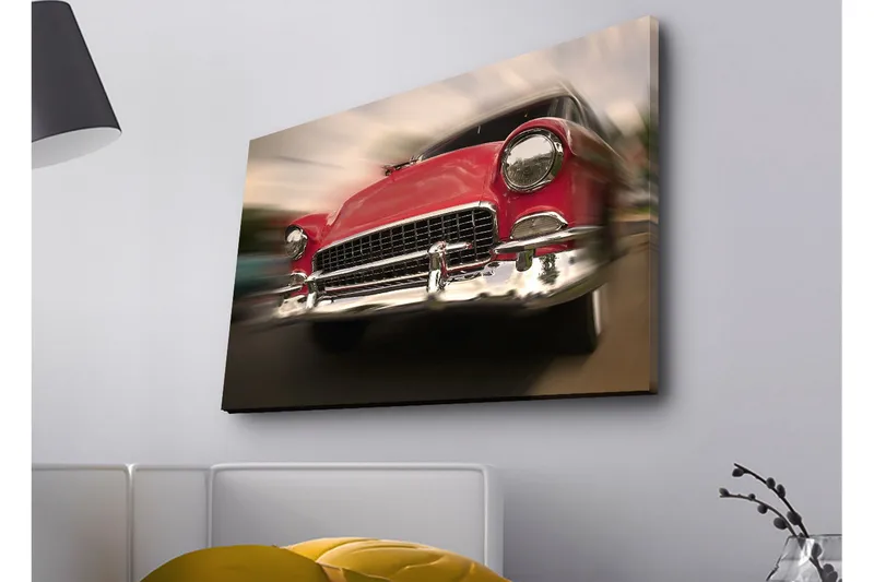 Lerretsbilde med LED-belysning - Rød klassisk bil i bevegelse - Rød / Sølv - Innredning - Bilder & kunst - Lerretsbilder