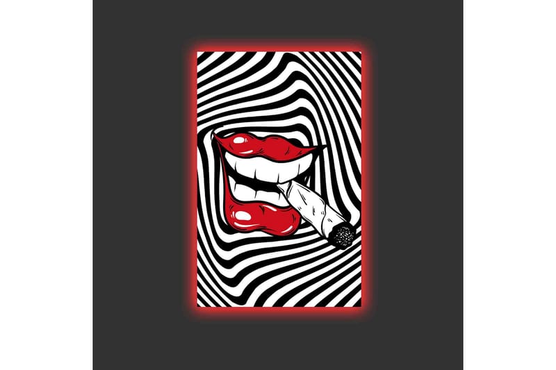 Lerretsbilde med LED-belysning - Røde lepper med en sigarett i munnen mot en svart og hvit spiralbakgrunn - Rød / Svart / Hvit - Innredning - Bilder & kunst - Lerretsbilder