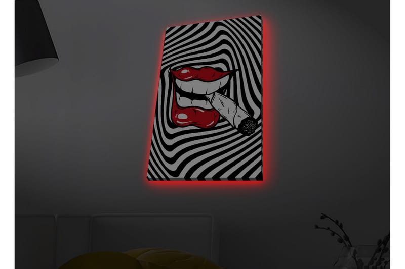 Lerretsbilde med LED-belysning - Røde lepper med en sigarett i munnen mot en svart og hvit spiralbakgrunn - Rød / Svart / Hvit - Innredning - Bilder & kunst - Lerretsbilder