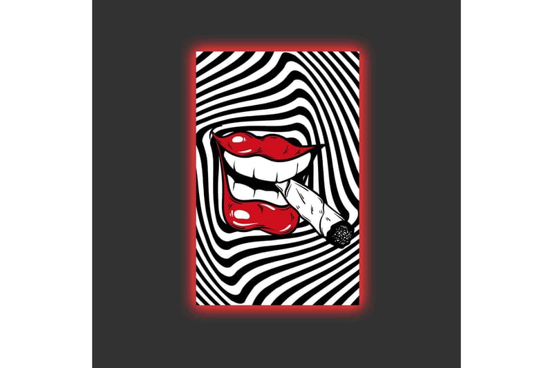 Lerretsbilde med LED-belysning - Røde lepper med en sigarett i munnen mot en svart og hvit spiralbakgrunn - Rød / Svart / Hvit - Innredning - Bilder & kunst - Lerretsbilder