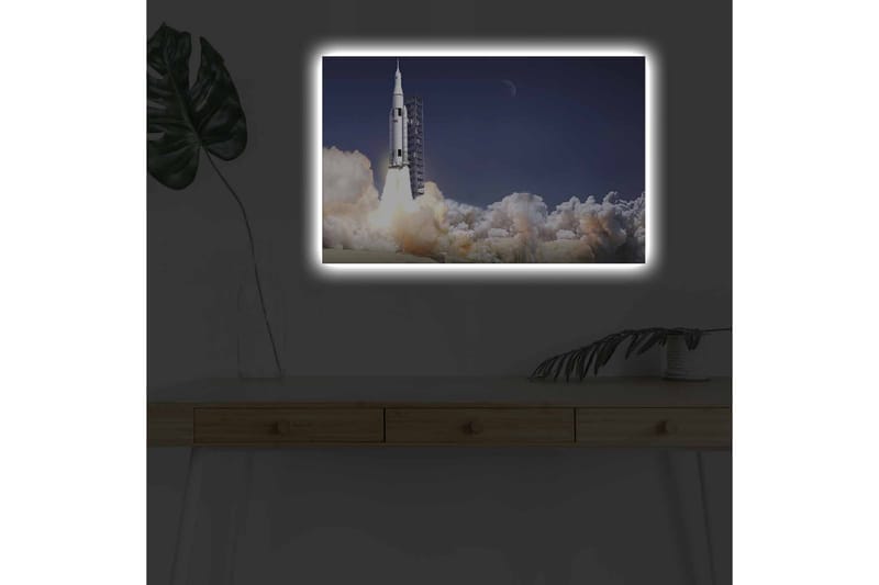 Lerretsbilde med LED-belysning - Rakett som letter ut i verdensrommet omgitt av røykskyer - Mørk blå / Hvit / Grå - Innredning - Bilder & kunst - Lerretsbilder
