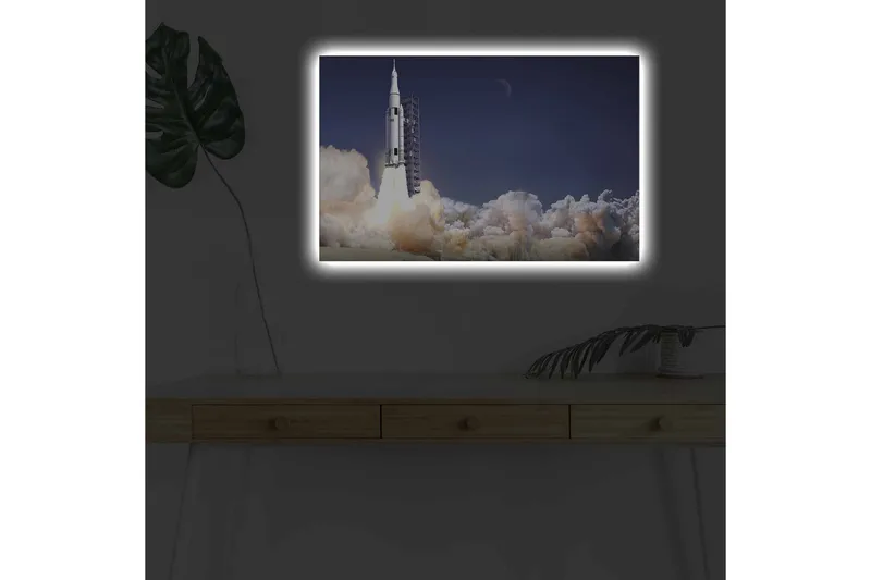 Lerretsbilde med LED-belysning - Rakett som letter ut i verdensrommet omgitt av røykskyer - Mørk blå / Hvit / Grå - Innredning - Bilder & kunst - Lerretsbilder