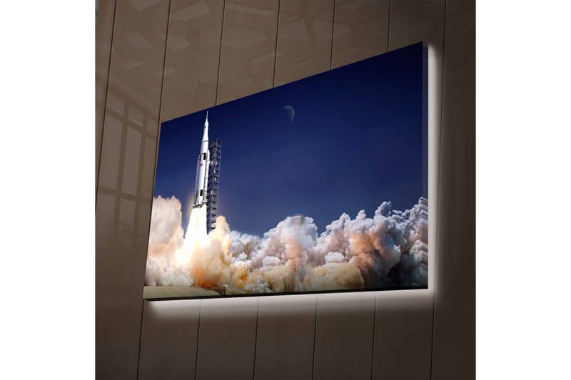 Lerretsbilde med LED-belysning - Rakett som letter ut i verdensrommet omgitt av røykskyer - Mørk blå / Hvit / Grå - Innredning - Bilder & kunst - Lerretsbilder