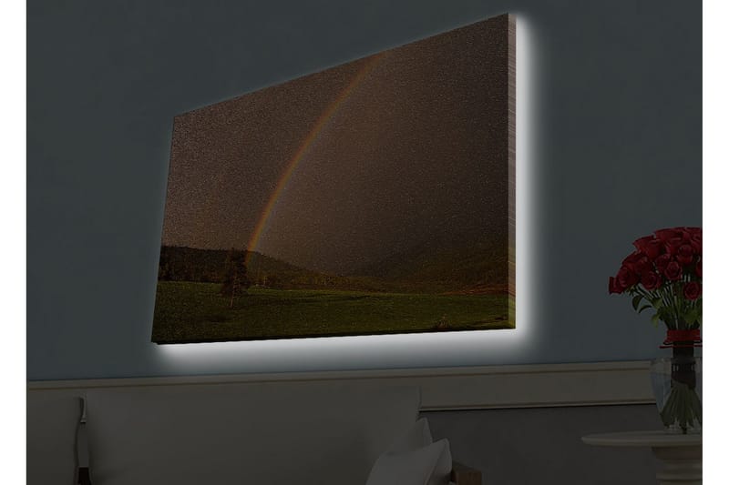 Lerretsbilde med LED-belysning - Regnbue som strekker seg over en grønn dal - Grønn / Brun / Gul - Innredning - Bilder & kunst - Lerretsbilder