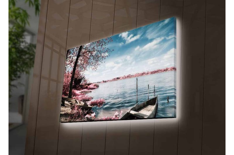 Lerretsbilde med LED-belysning - Rolig innsjølandskap med båter og blomstrende trær - Rosa / Blå / Grå - Innredning - Bilder & kunst - Lerretsbilder