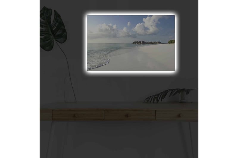 Lerretsbilde med LED-belysning - Rolig strand med klart vann og hvite sanddyner - Blå / Hvit / Grønn - Innredning - Bilder & kunst - Lerretsbilder