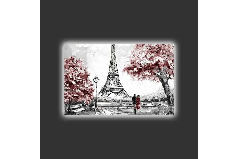 Lerretsbilde med LED-belysning - Romantisk scene med Eiffeltårnet og blomstrende trær - Rød / Svart / Grå - Innredning - Bilder & kunst - Lerretsbilder