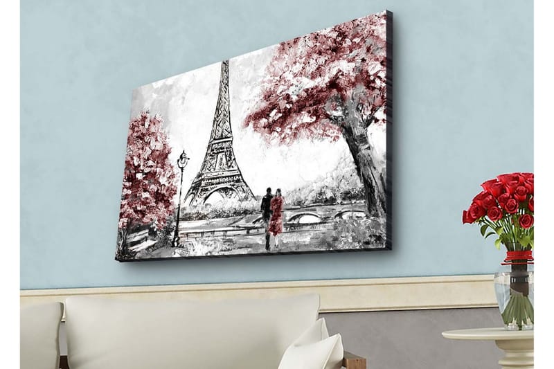 Lerretsbilde med LED-belysning - Romantisk scene med Eiffeltårnet og blomstrende trær - Rød / Svart / Grå - Innredning - Bilder & kunst - Lerretsbilder