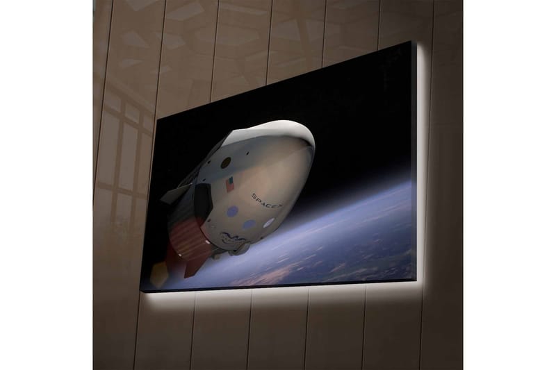 Lerretsbilde med LED-belysning - Romfartøy i bane over jorden - Svart / Hvit / Blå - Innredning - Bilder & kunst - Lerretsbilder