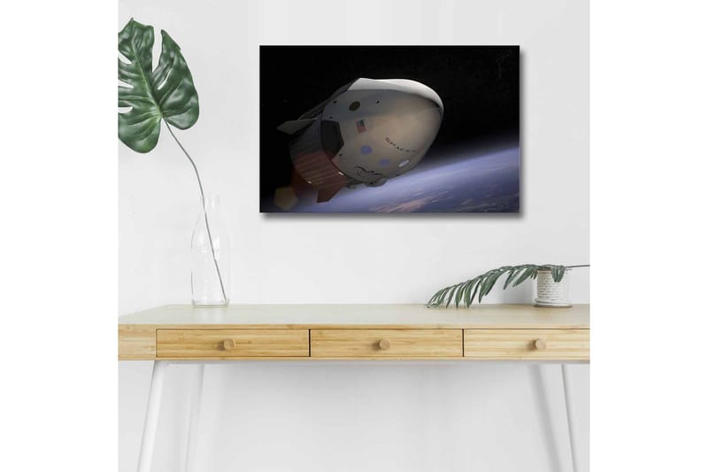 Lerretsbilde med LED-belysning - Romfartøy i bane over jorden - Svart / Hvit / Blå - Innredning - Bilder & kunst - Lerretsbilder