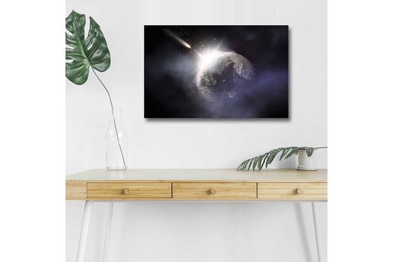 Lerretsbilde med LED-belysning - Romfart med en planet og en passerende komet - Mørk blå / Grå / Hvit - Innredning - Bilder & kunst - Lerretsbilder