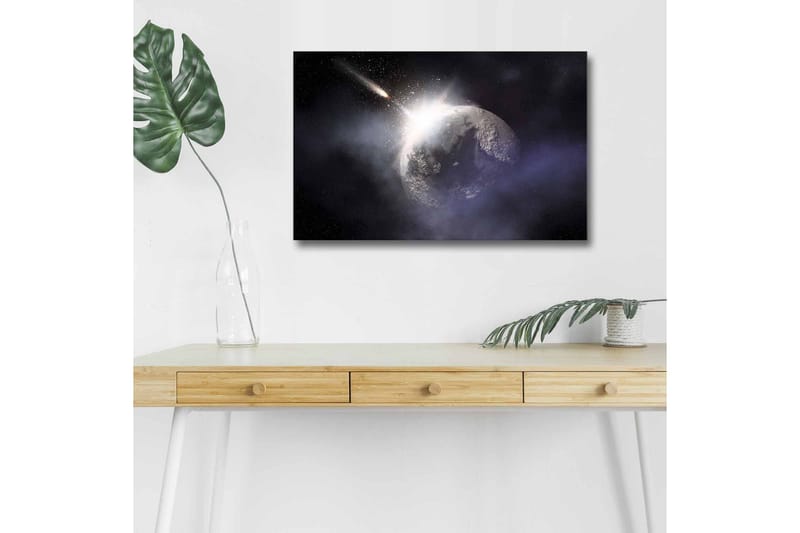 Lerretsbilde med LED-belysning - Romfart med en planet og en passerende komet - Mørk blå / Grå / Hvit - Innredning - Bilder & kunst - Lerretsbilder