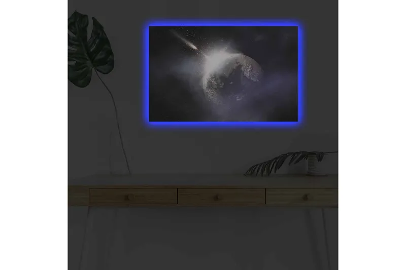 Lerretsbilde med LED-belysning - Romfart med en planet og en passerende komet - Mørk blå / Grå / Hvit - Innredning - Bilder & kunst - Lerretsbilder