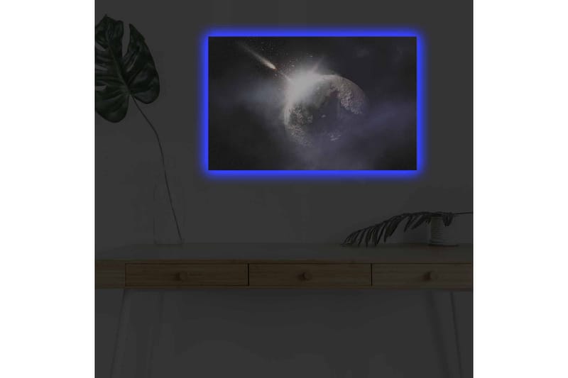 Lerretsbilde med LED-belysning - Romfart med en planet og en passerende komet - Mørk blå / Grå / Hvit - Innredning - Bilder & kunst - Lerretsbilder