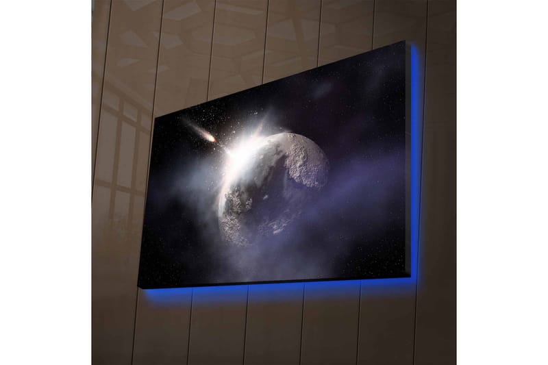 Lerretsbilde med LED-belysning - Romfart med en planet og en passerende komet - Mørk blå / Grå / Hvit - Innredning - Bilder & kunst - Lerretsbilder