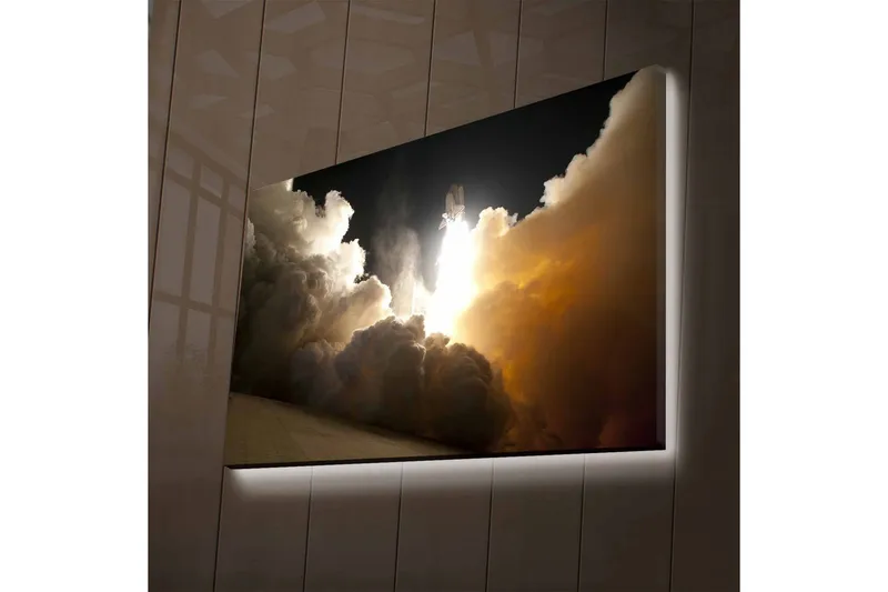 Lerretsbilde med LED-belysning - Romferge tar av gjennom skyer av røyk og damp - Mørkegrå / Oransje / Hvit - Innredning - Bilder & kunst - Lerretsbilder