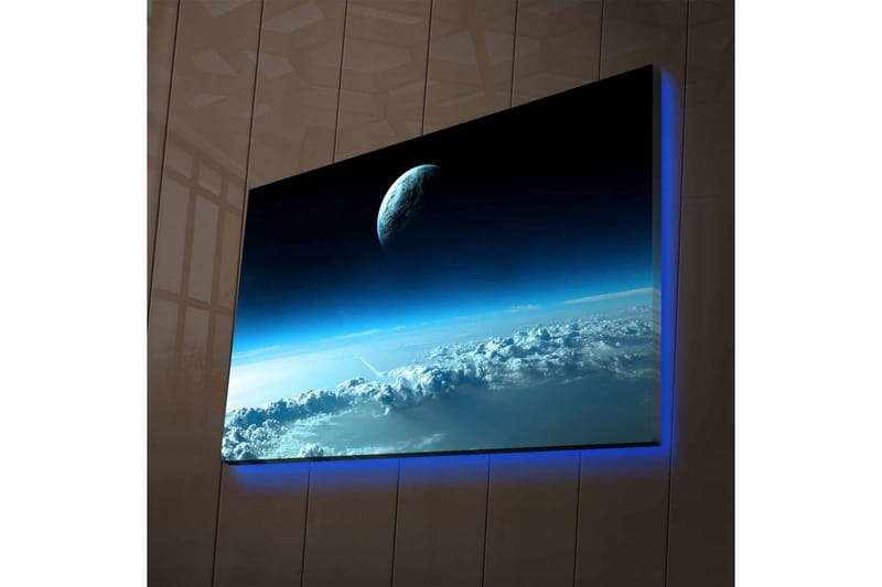 Lerretsbilde med LED-belysning - Romlandskap med en planet som svever over skyer - Mørk blå / Lys blå / Hvit - Innredning - Bilder & kunst - Lerretsbilder
