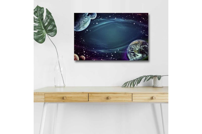 Lerretsbilde med LED-belysning - Romlandskap med planeter og stjerner - Mørk blå / Grønn / Lilla - Innredning - Bilder & kunst - Lerretsbilder