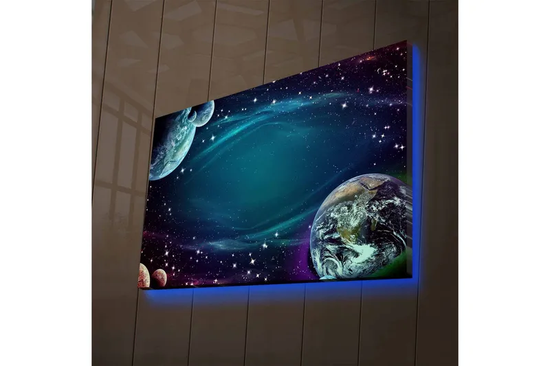 Lerretsbilde med LED-belysning - Romlandskap med planeter og stjerner, Mørk blå / Grønn / Lilla